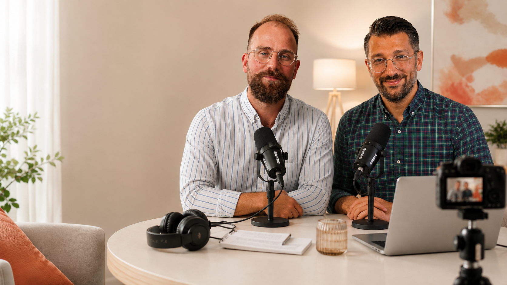 Helles Podcast-Studio mit zwei Gastgebern, Mikrofonen und Videokamera